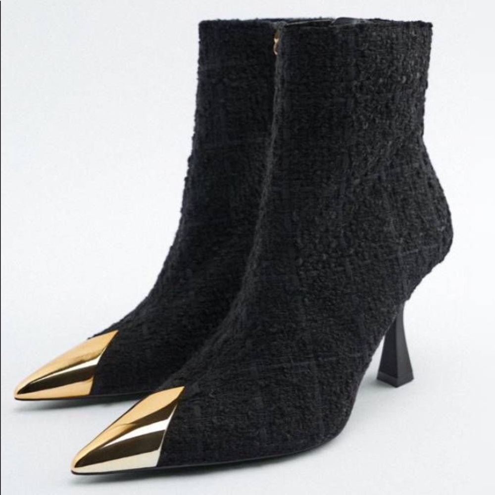 Zara Black Ankle Boot Heels with Gold Toe
